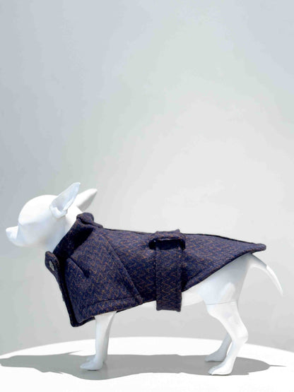 Bespoke dress for a dog: Handmade wool clothing with jewel buttons and adjustable belt.