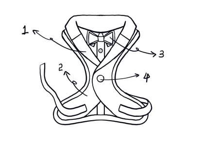 custom dog tuxedo harness with tailored lapels and bow tie