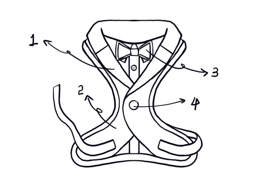 custom dog tuxedo harness with tailored lapels and bow tie