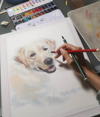 Un artista che disegna un acquerello realistico di un labrador su carta